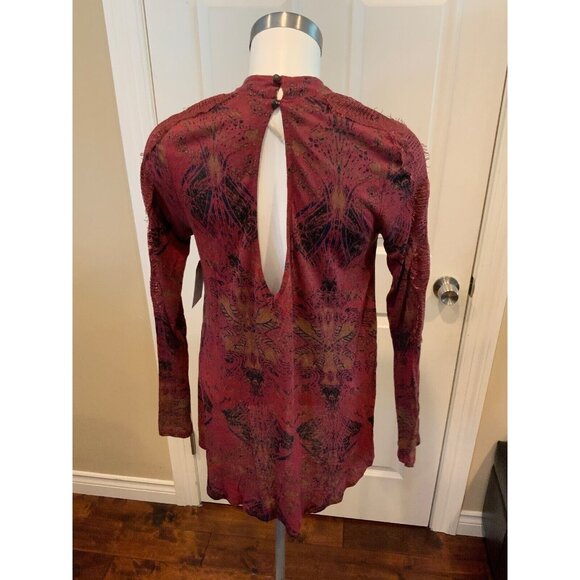 Free People Burgundy Mock Neck Shirt W/ Draped Front & V-Neck Back, Size XS - Picture 5 of 7